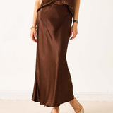Chocolate brown silk-like satin midi skirt with a flowing drape.