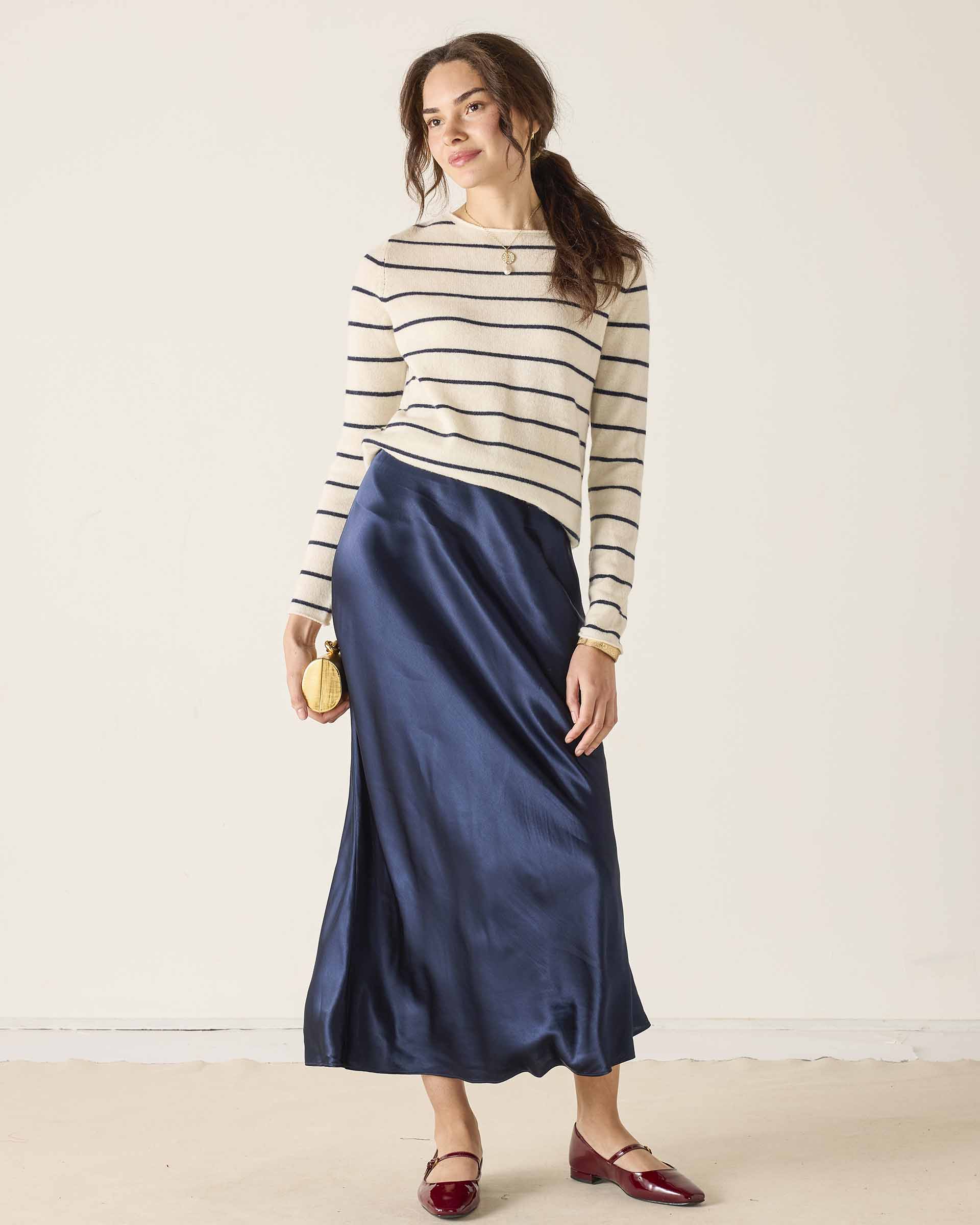 MERSEA ladies' travel-ready navy blue satin-finish maxi skirt with a smooth flowy drape.