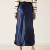 Navy blue silk satin midi skirt.