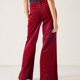 Merlot wide-leg corduroy pants with a high-waist and front pockets.