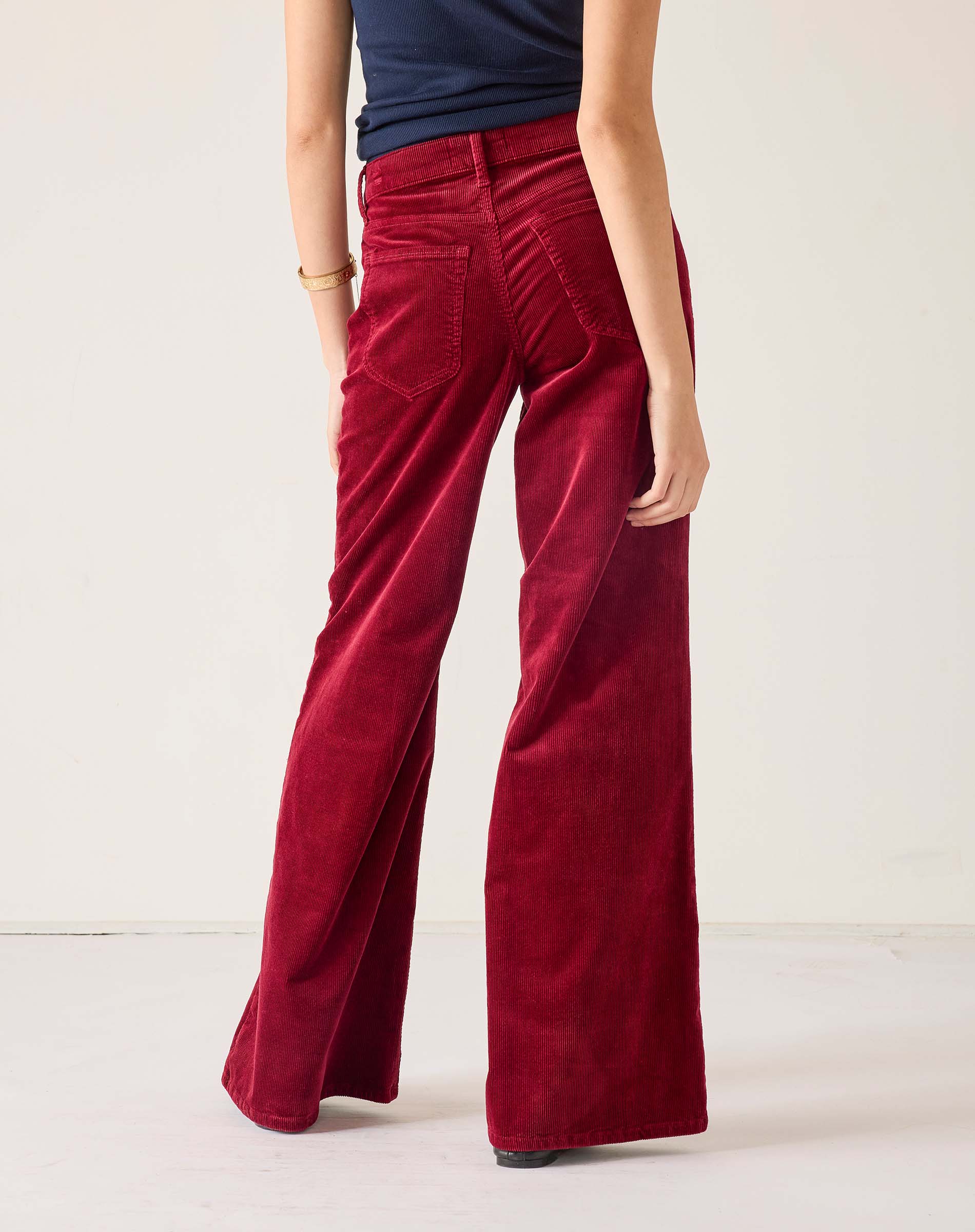 Merlot wide-leg corduroy pants with a high-waist and front pockets.