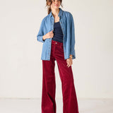 Merlot wide-leg corduroy pants with a high waist and straight leg.