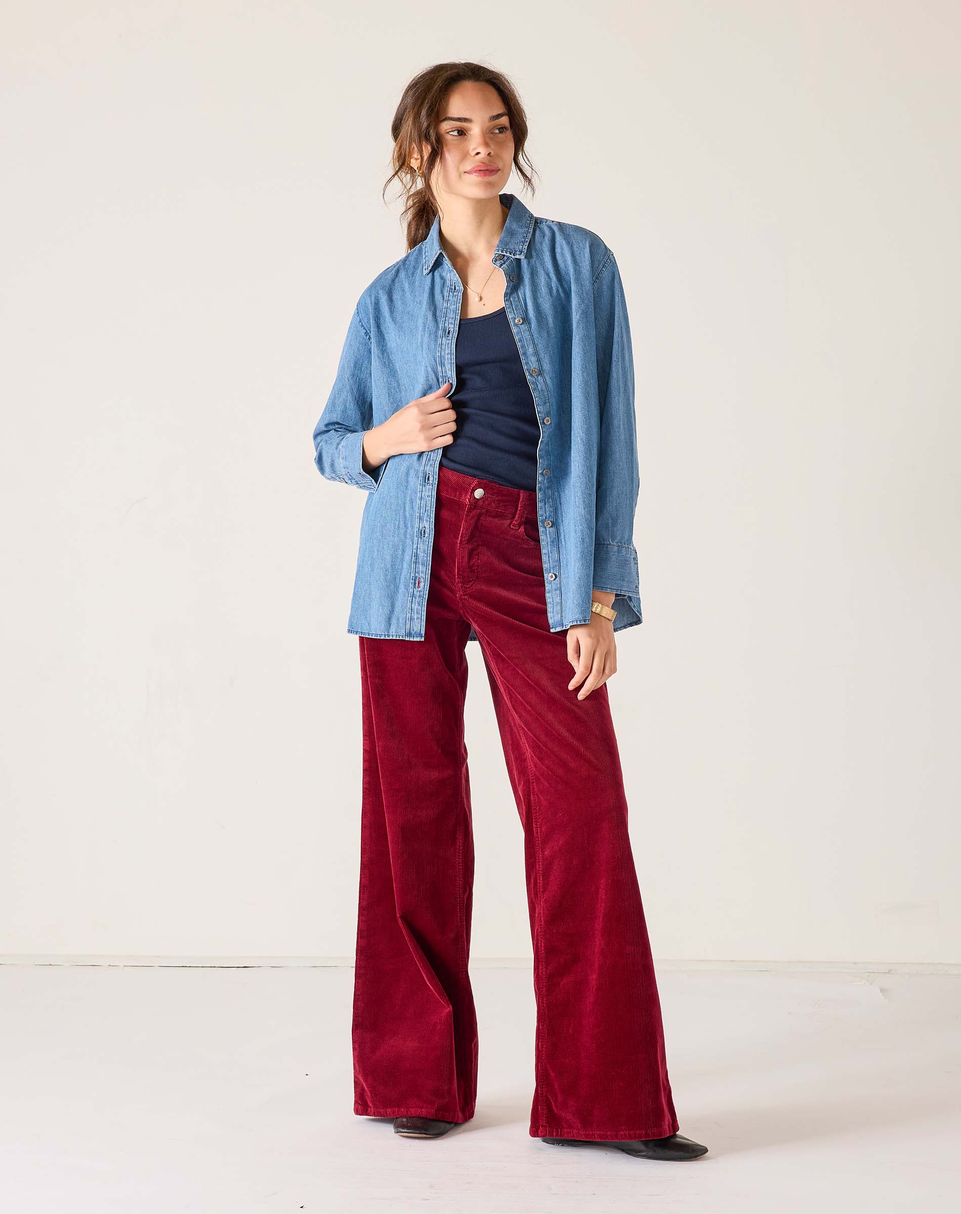 Merlot wide-leg corduroy pants with a high waist and straight leg.