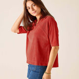 Sunbaked terracotta terrycloth top with a relaxed fit and wide neckline.