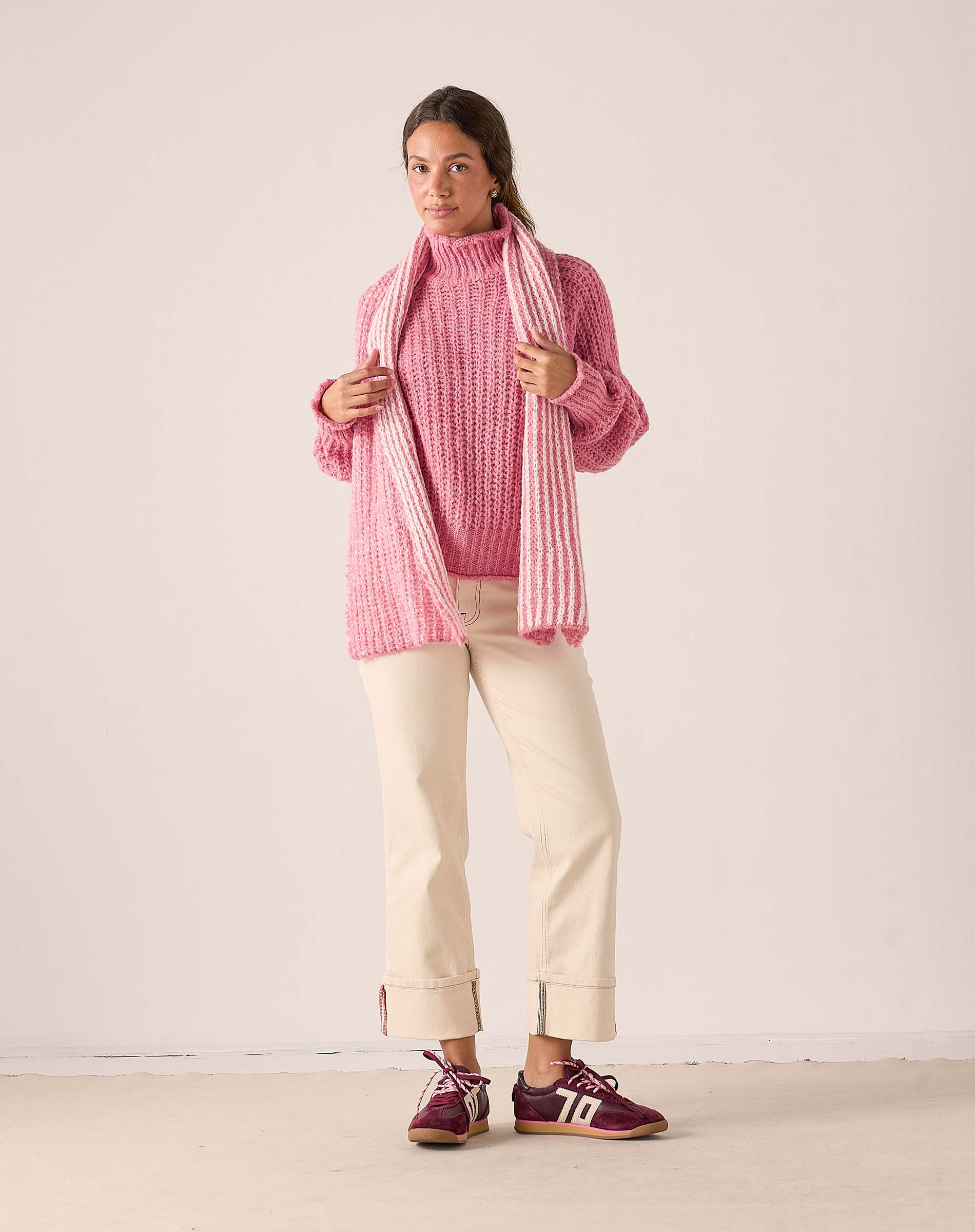 MERSEA women's travel-friendly softy pink and white striped knit sweater with ribbed texture.