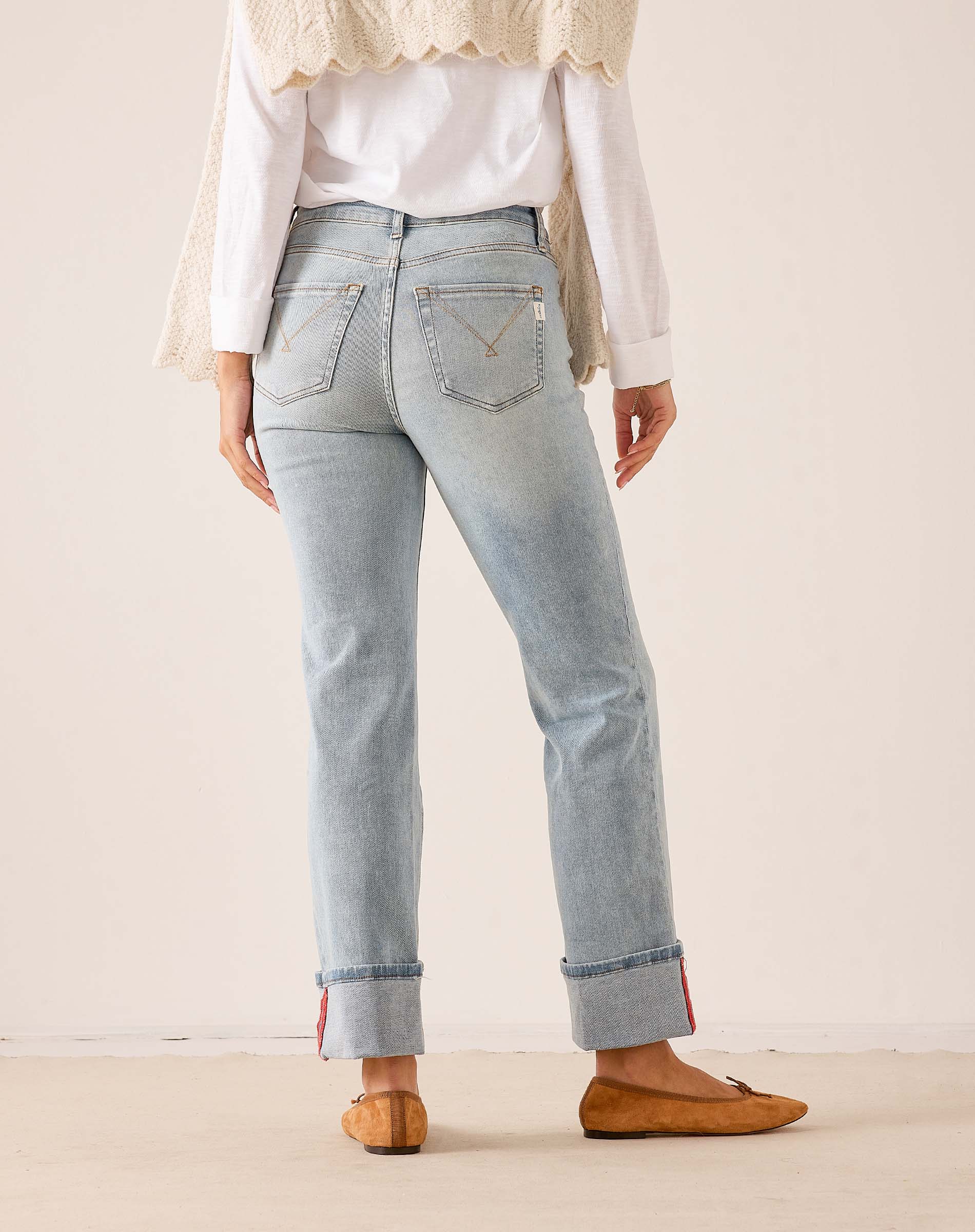 Light blue straight-leg denim jeans with contrast stitching and cuffed hems.