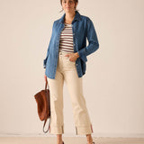 Ladies' travel-ready oat colored straight-leg pants in a soft cotton blend with a relaxed fit and cropped hem.