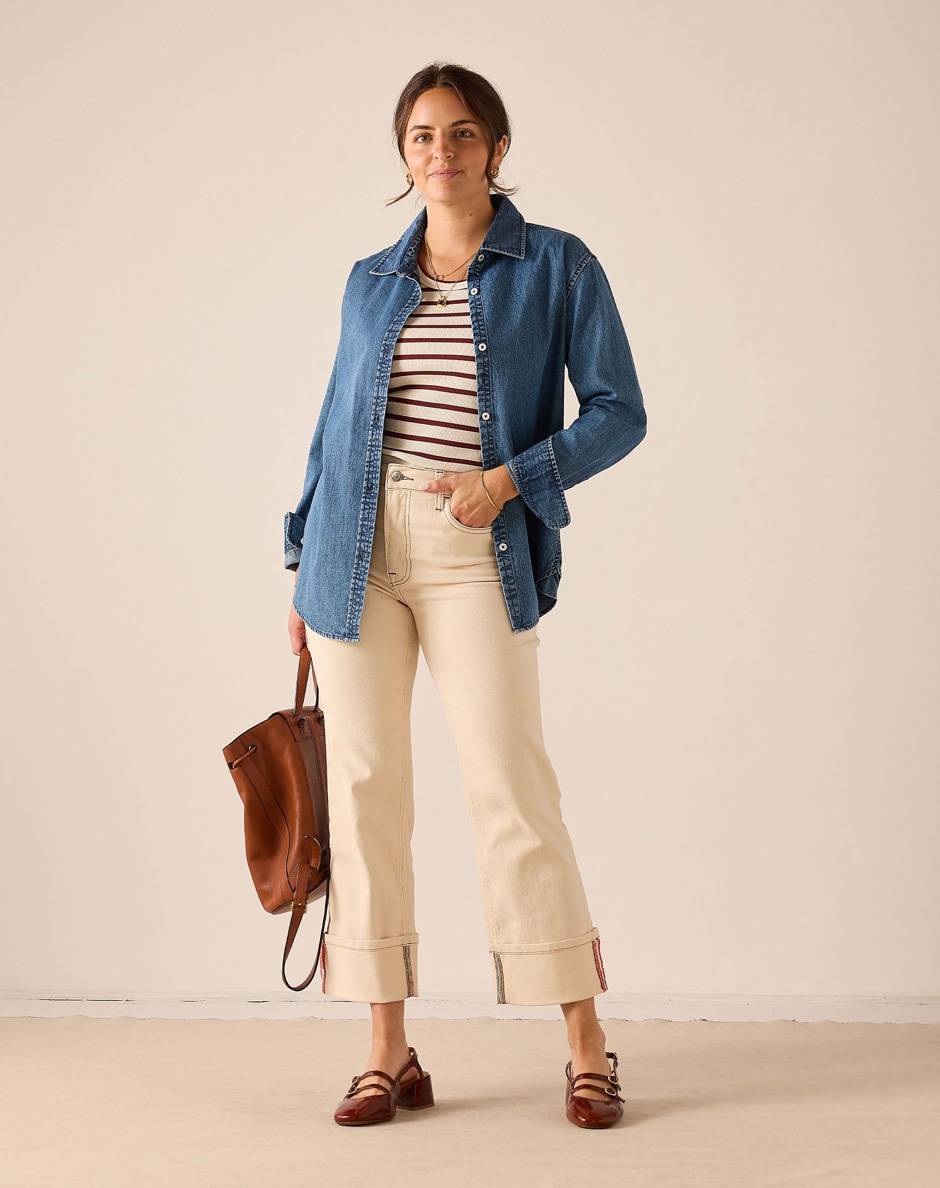 Ladies' travel-ready oat colored straight-leg pants in a soft cotton blend with a relaxed fit and cropped hem.