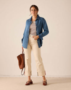Ladies' travel-ready oat colored straight-leg pants in a soft cotton blend with a relaxed fit and cropped hem.