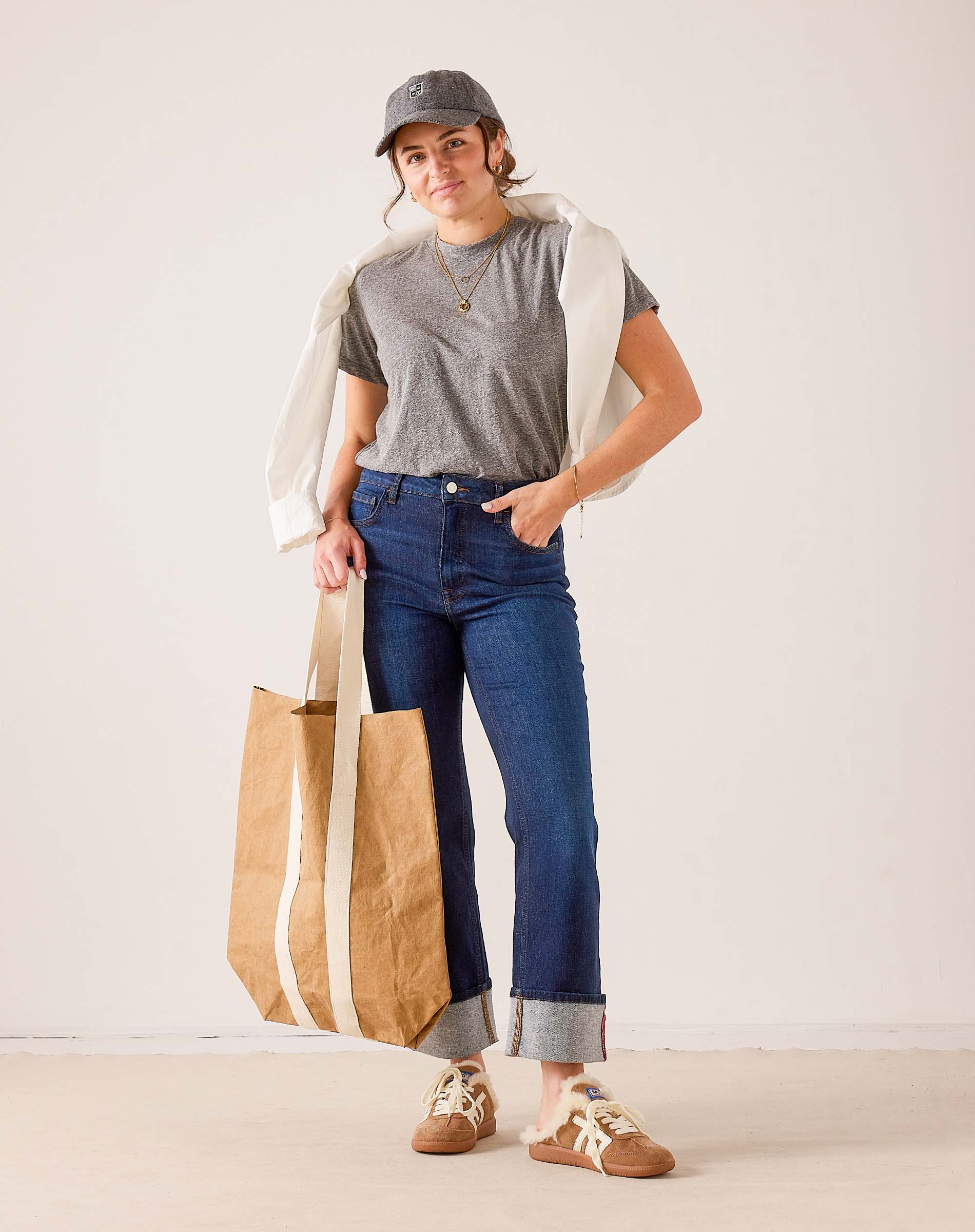 MERSEA women's travel-friendly rinse blue straight-leg denim jeans with cuffed hems.