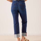 Dark blue rinse denim straight-leg jeans with cuffed hems and contrasting red stitching.