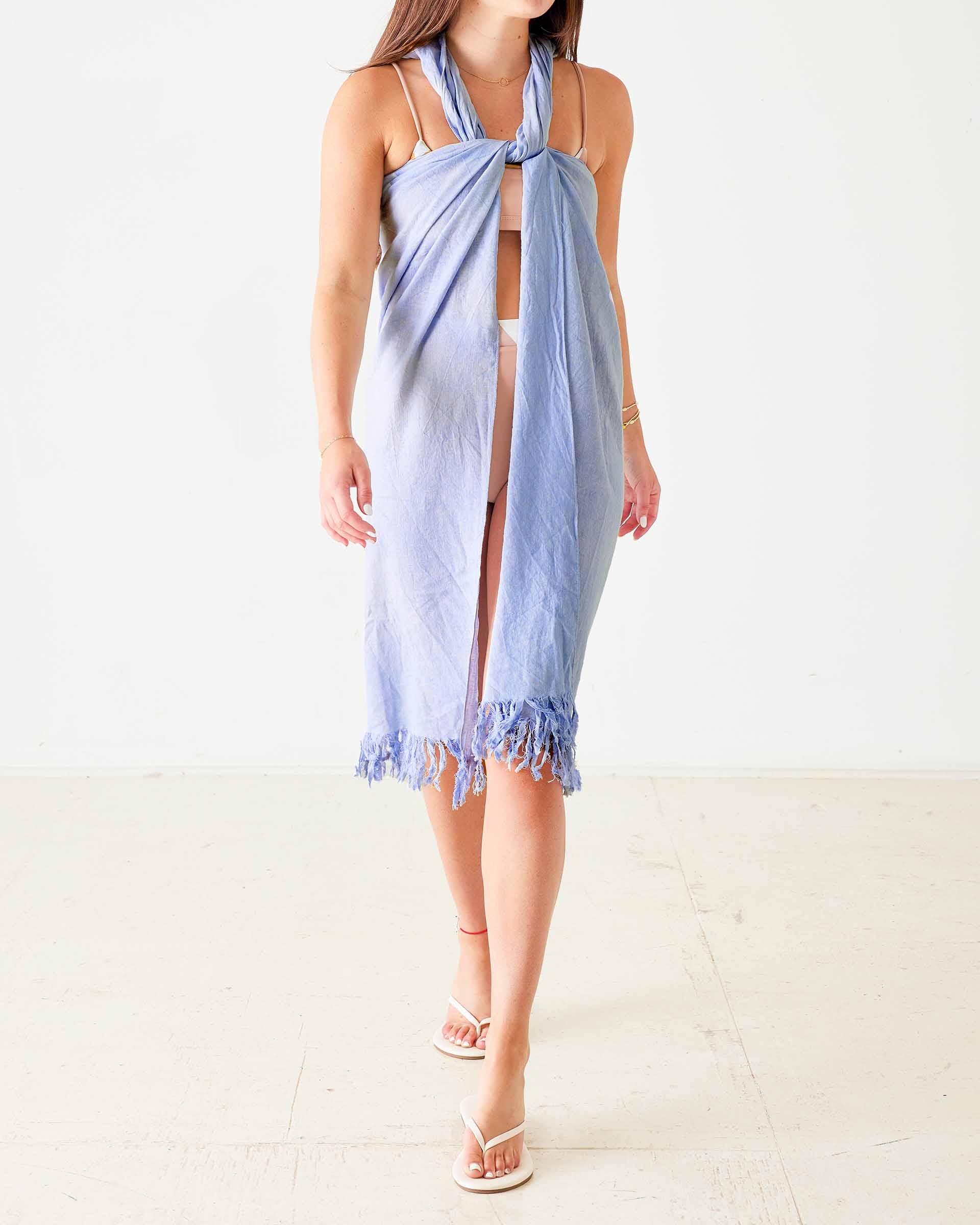 Light Blue Linen Beach Wrap Worn 3 Ways