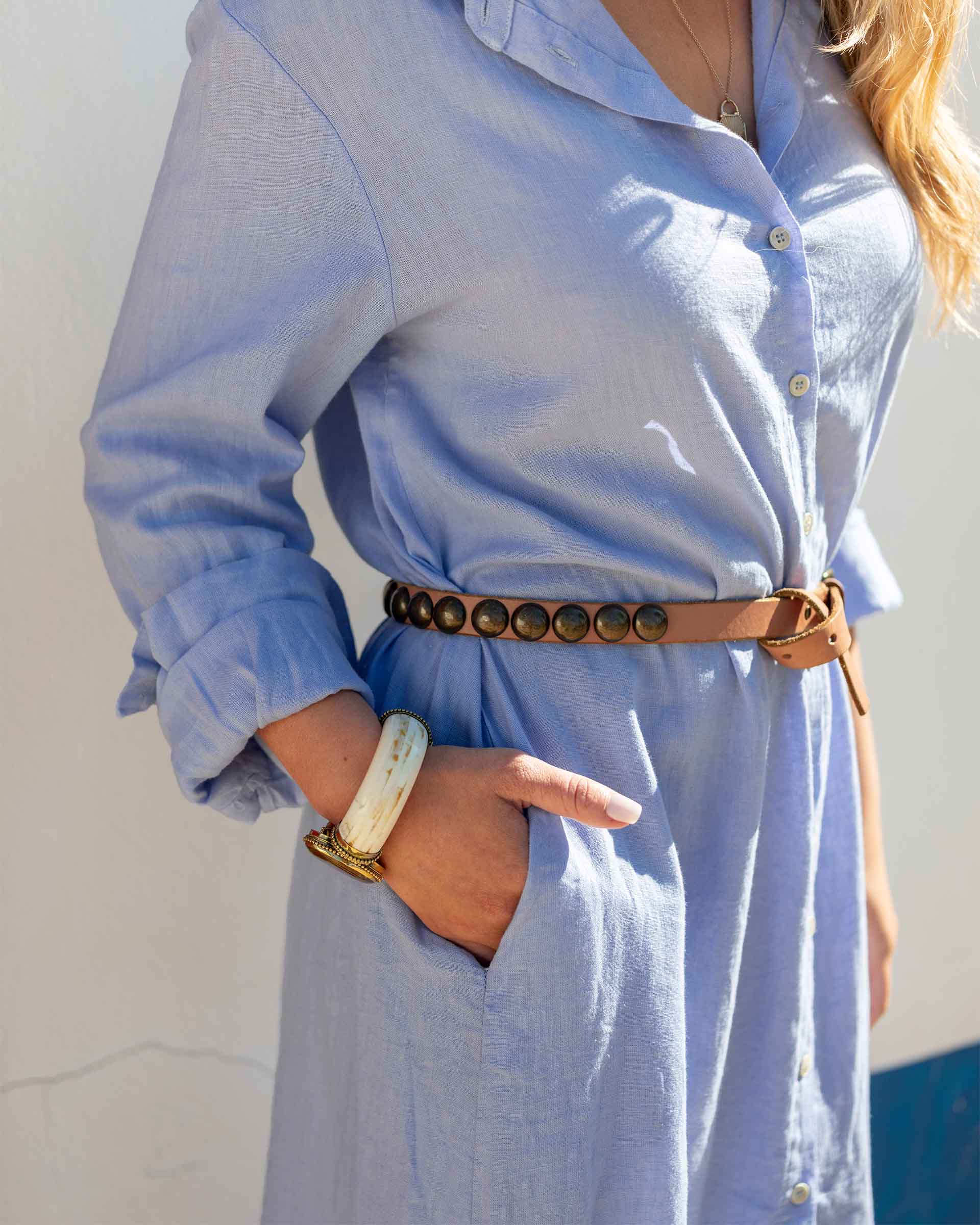 Women's Light Blue Linen Maxi Button Up Coverup Dress