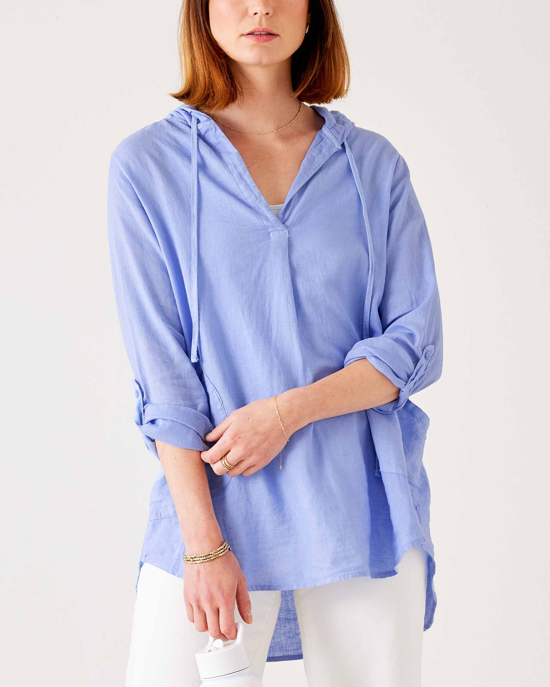 Women's Light Blue Linen Hoodie Tunic Coverup