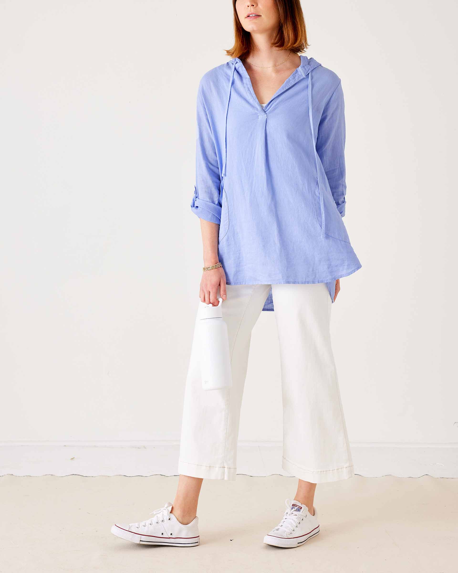 Women's Light Blue Linen Hoodie Tunic Coverup