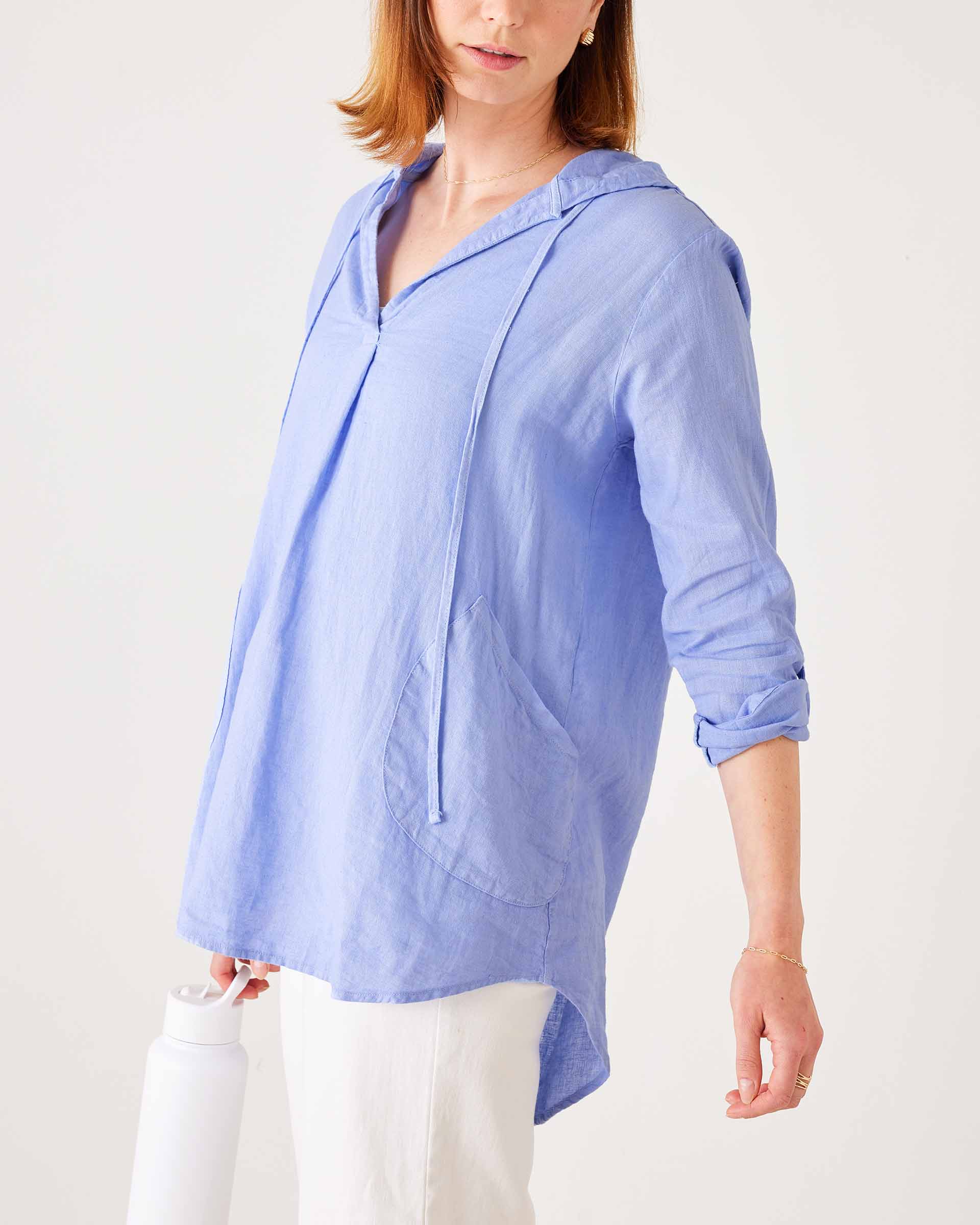 Women's Light Blue Linen Hoodie Tunic Coverup