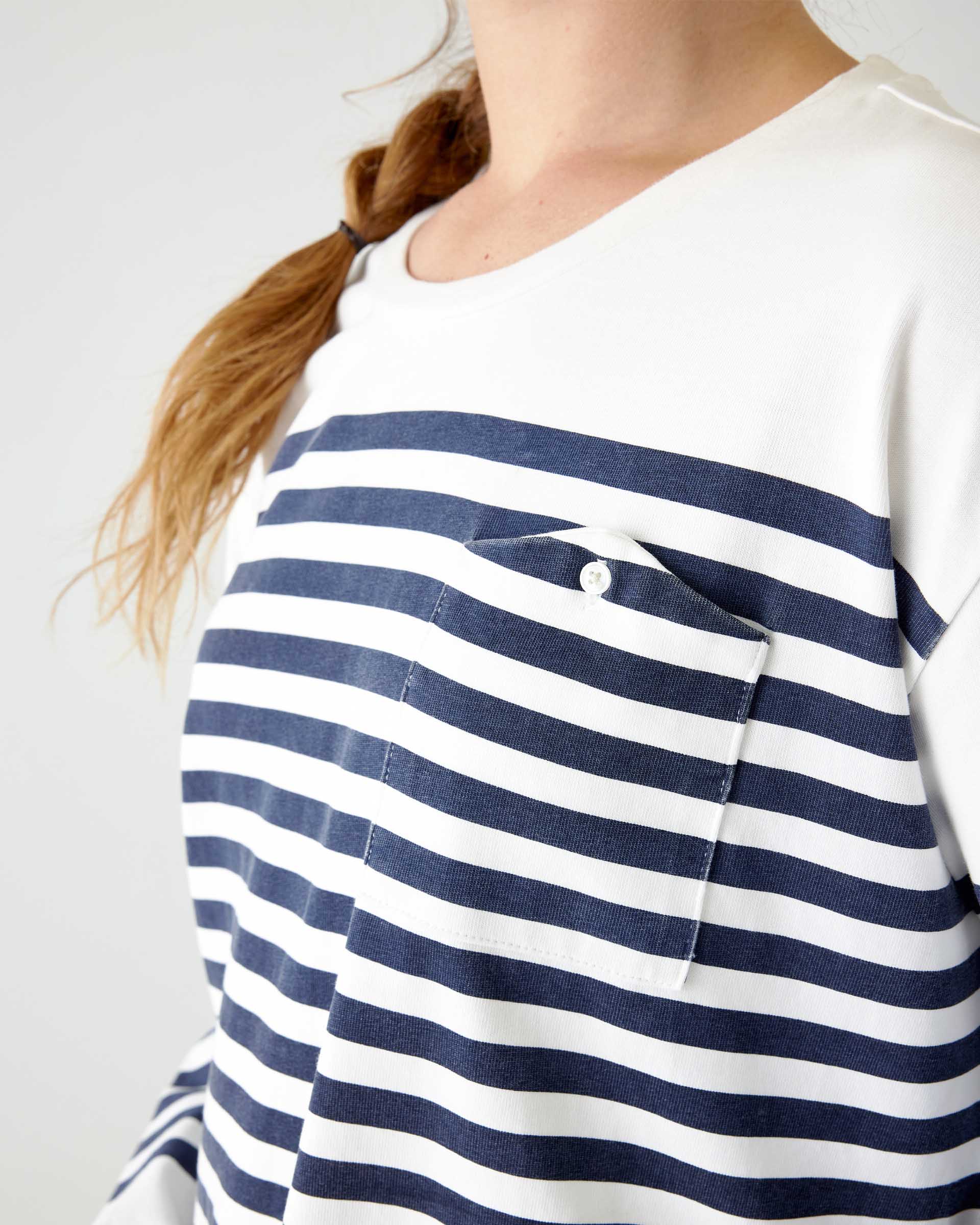 closeup of woman wearing mersea boater long sleeve tee in navy stripe