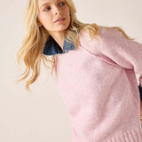 Bliss pink raglan knit sweater with a soft, fuzzy texture and ribbed cuffs.