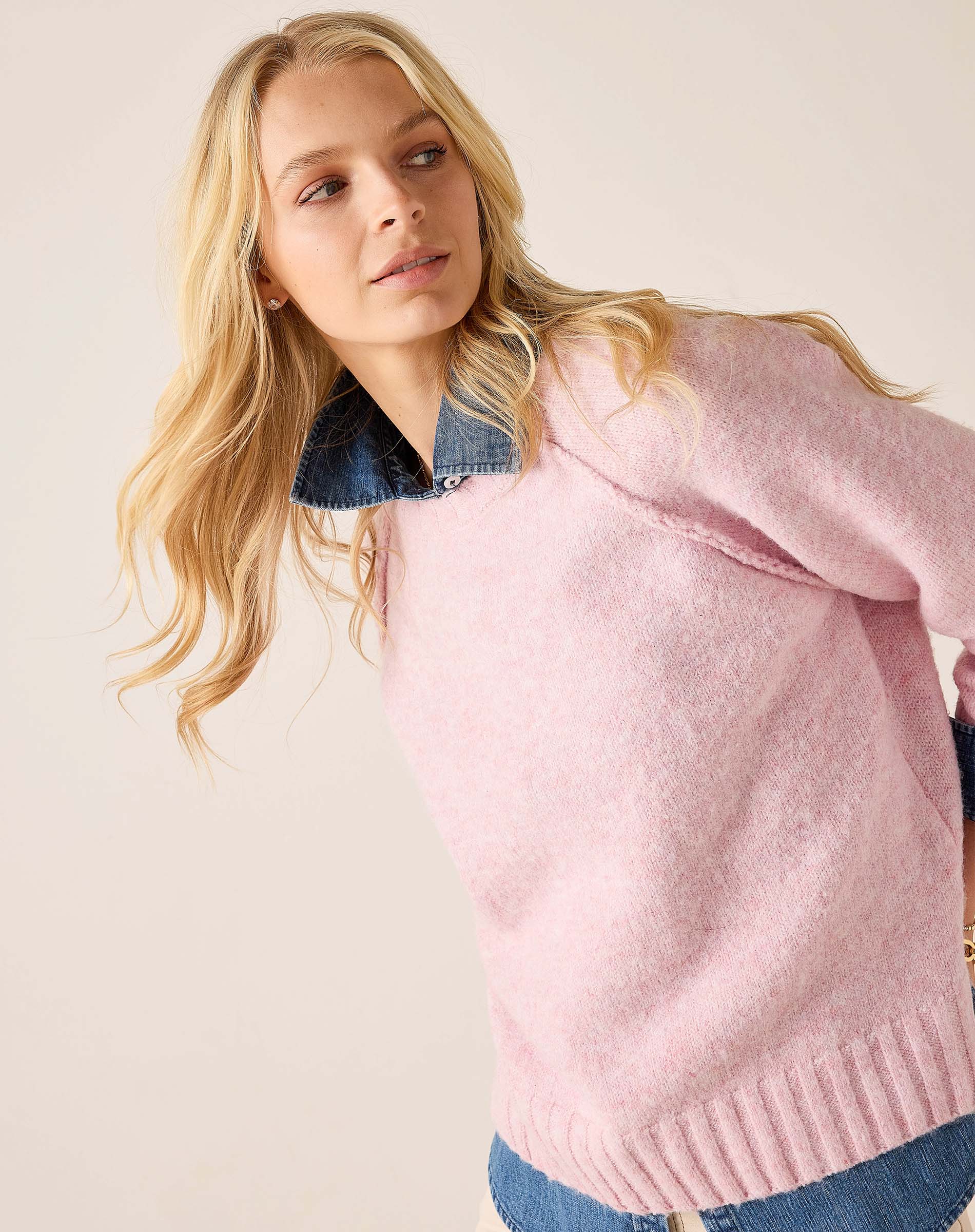 Bliss pink raglan knit sweater with a soft, fuzzy texture and ribbed cuffs.