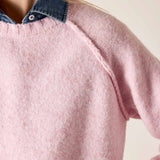 Bliss pink raglan knit sweater with a layered denim collar.