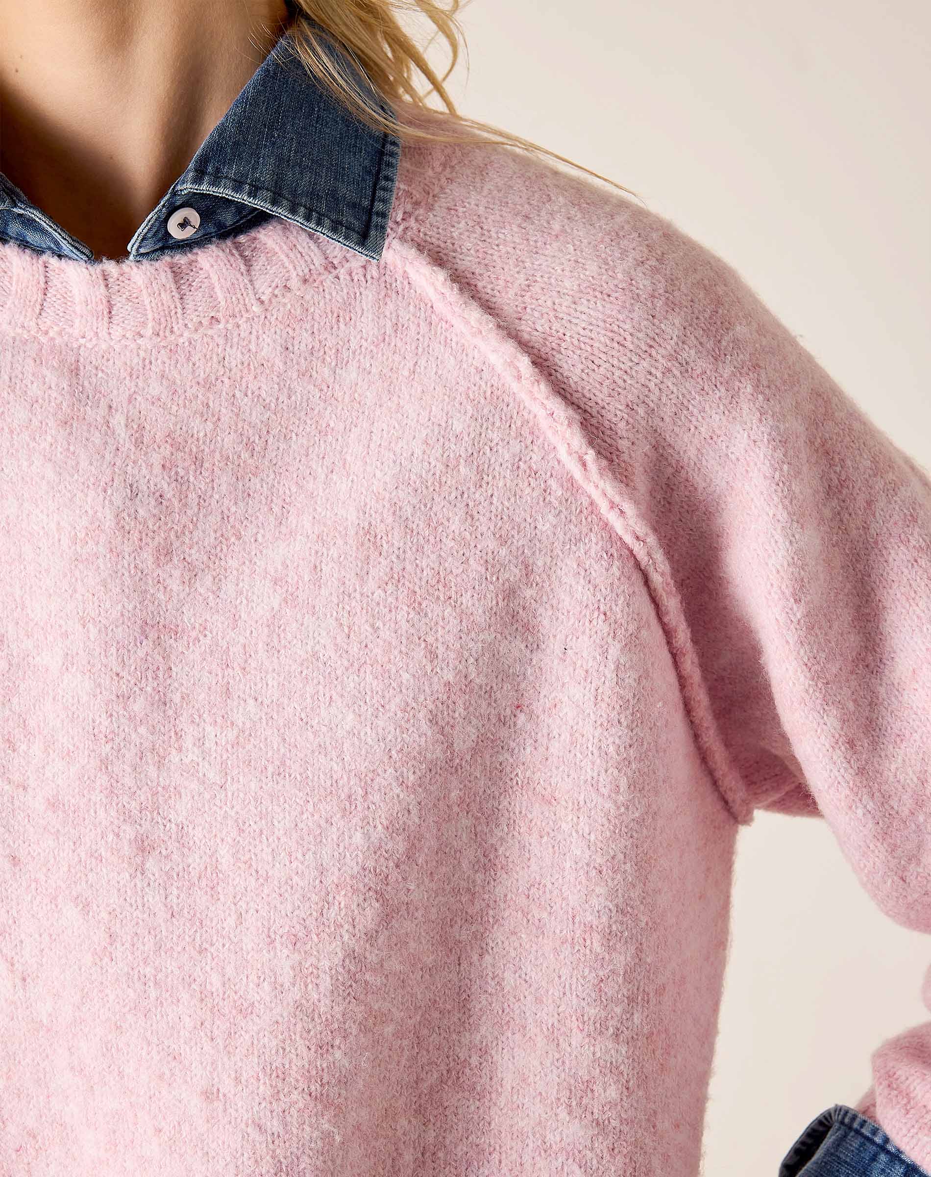 Bliss pink raglan knit sweater with a layered denim collar.