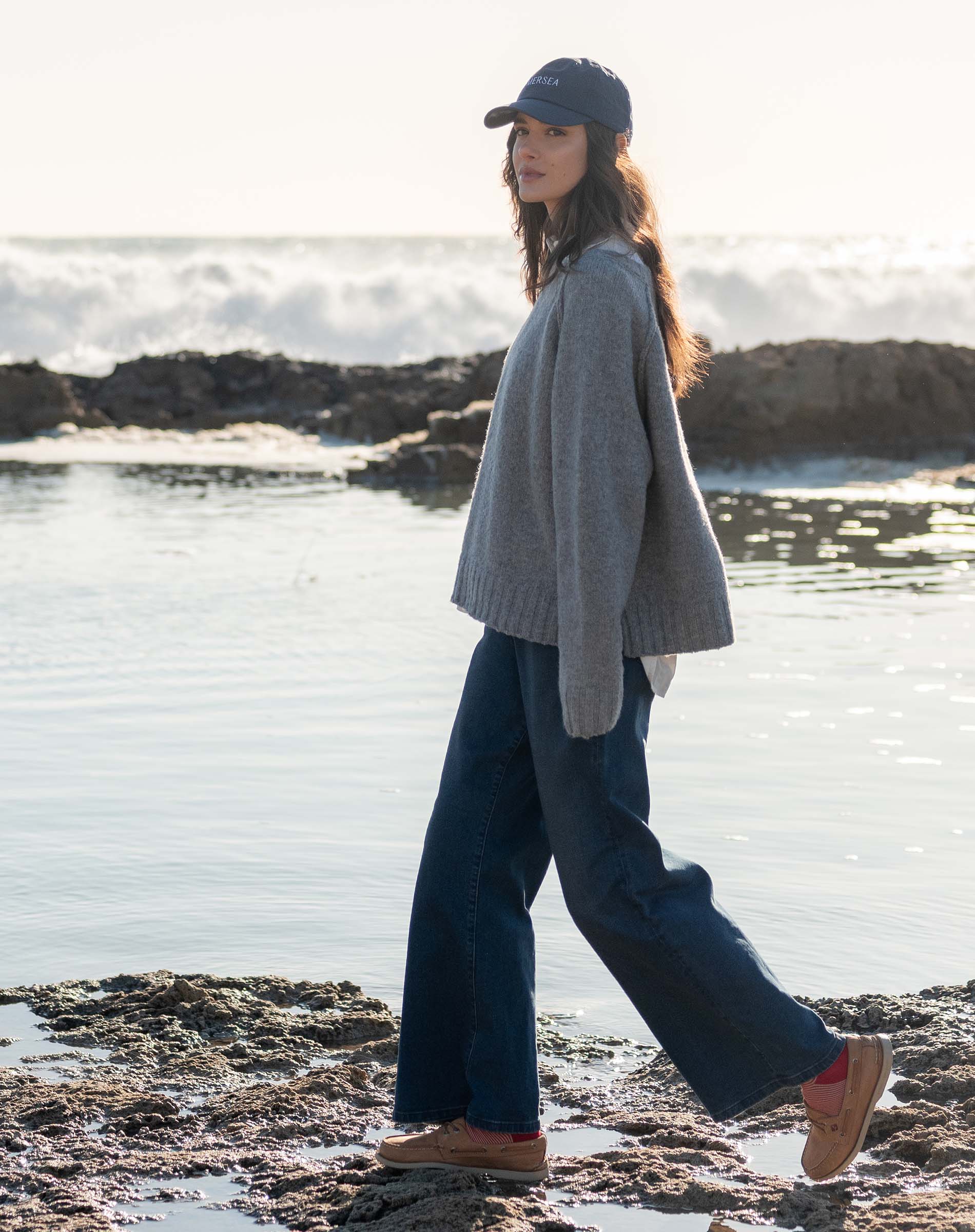 Dovetail grey raglan sweater in a soft knit with dropped shoulders and relaxed fit.