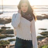 Cream cable-knit chunky knit sweater featuring a detailed textured pattern.