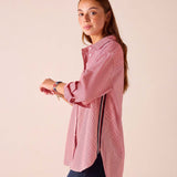 Cardinal red pinstripe button-up shirt with puffed sleeves.