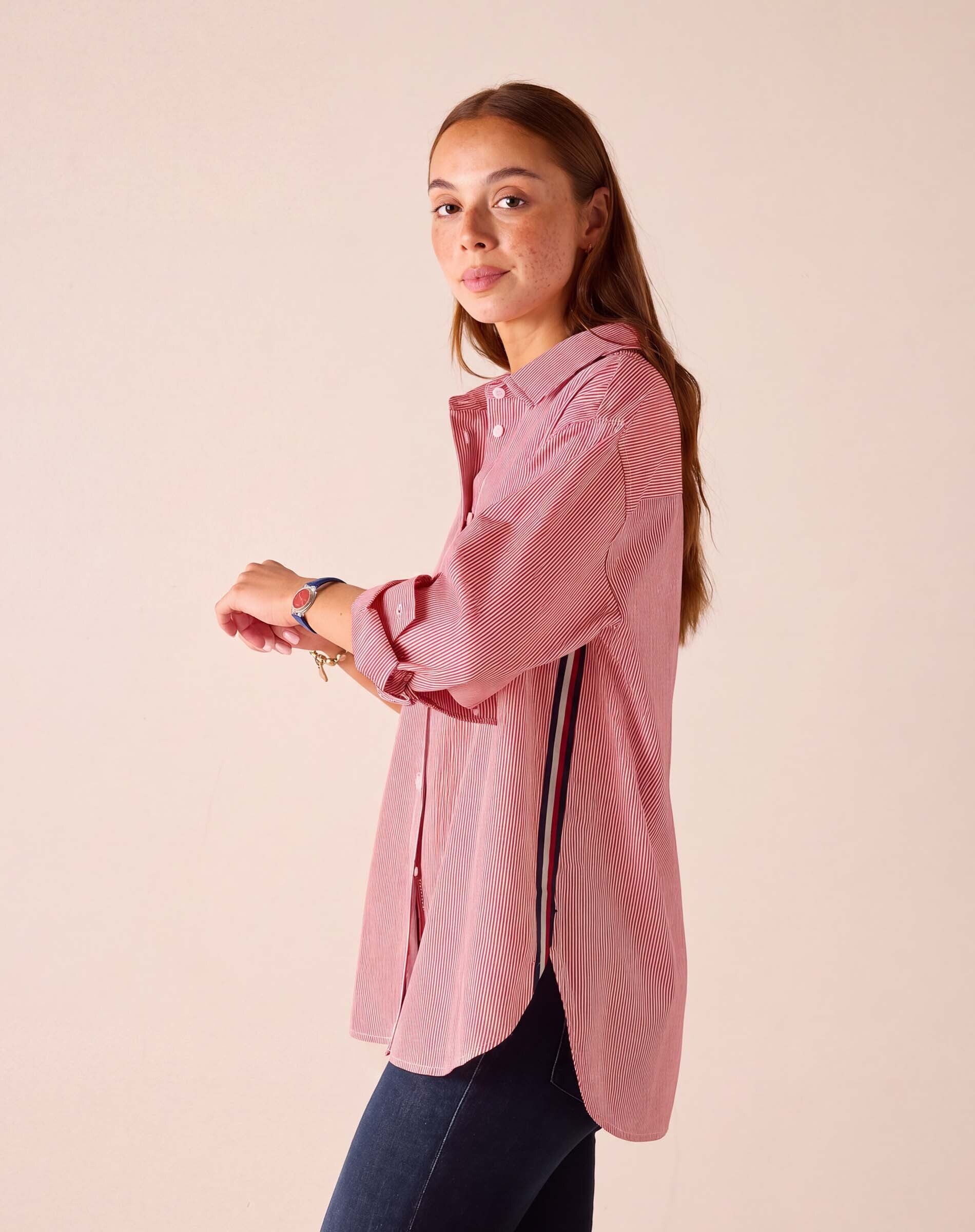 Cardinal red pinstripe button-up shirt with puffed sleeves.