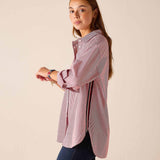Cardinal red pinstripe button-down shirt with long sleeves and a notched collar.