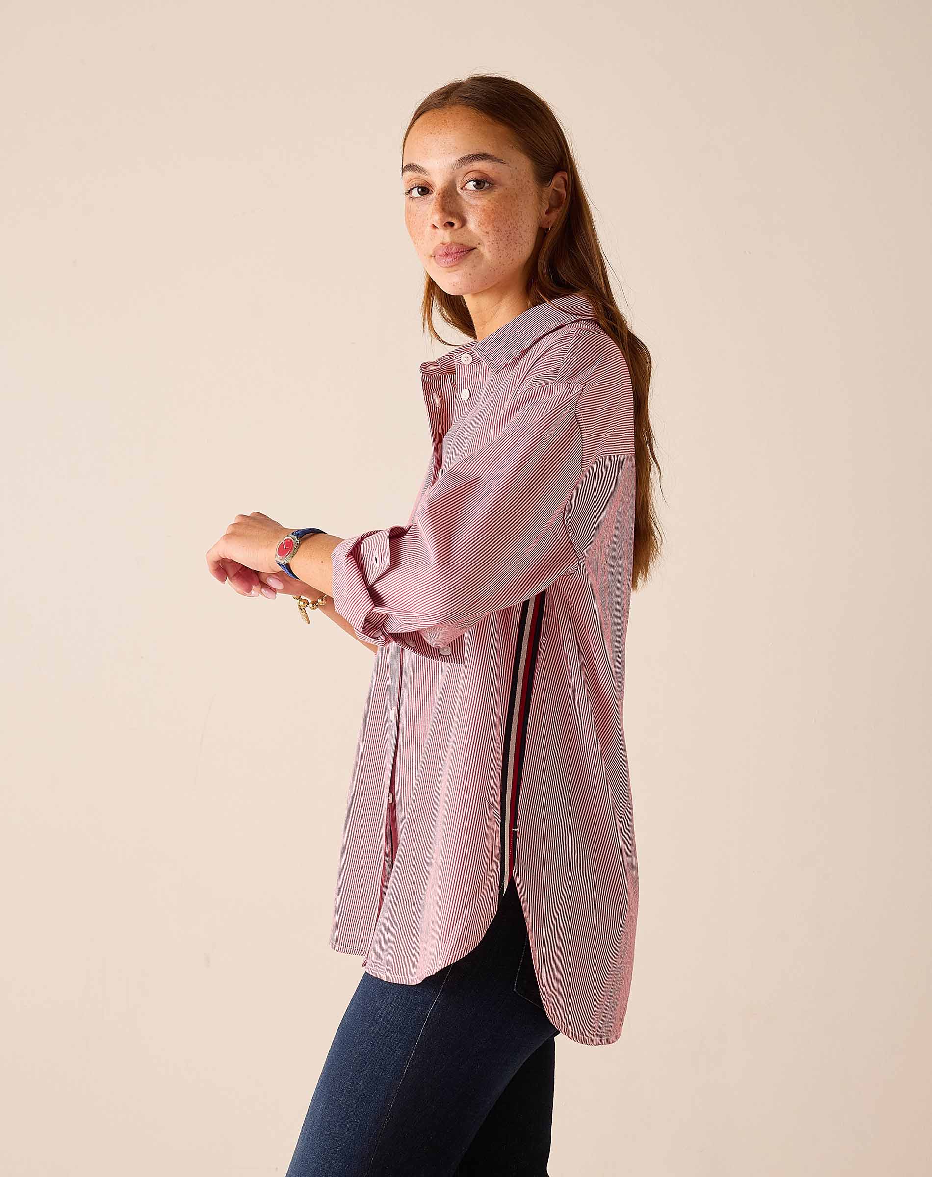 Cardinal red pinstripe button-down shirt with long sleeves and a notched collar.