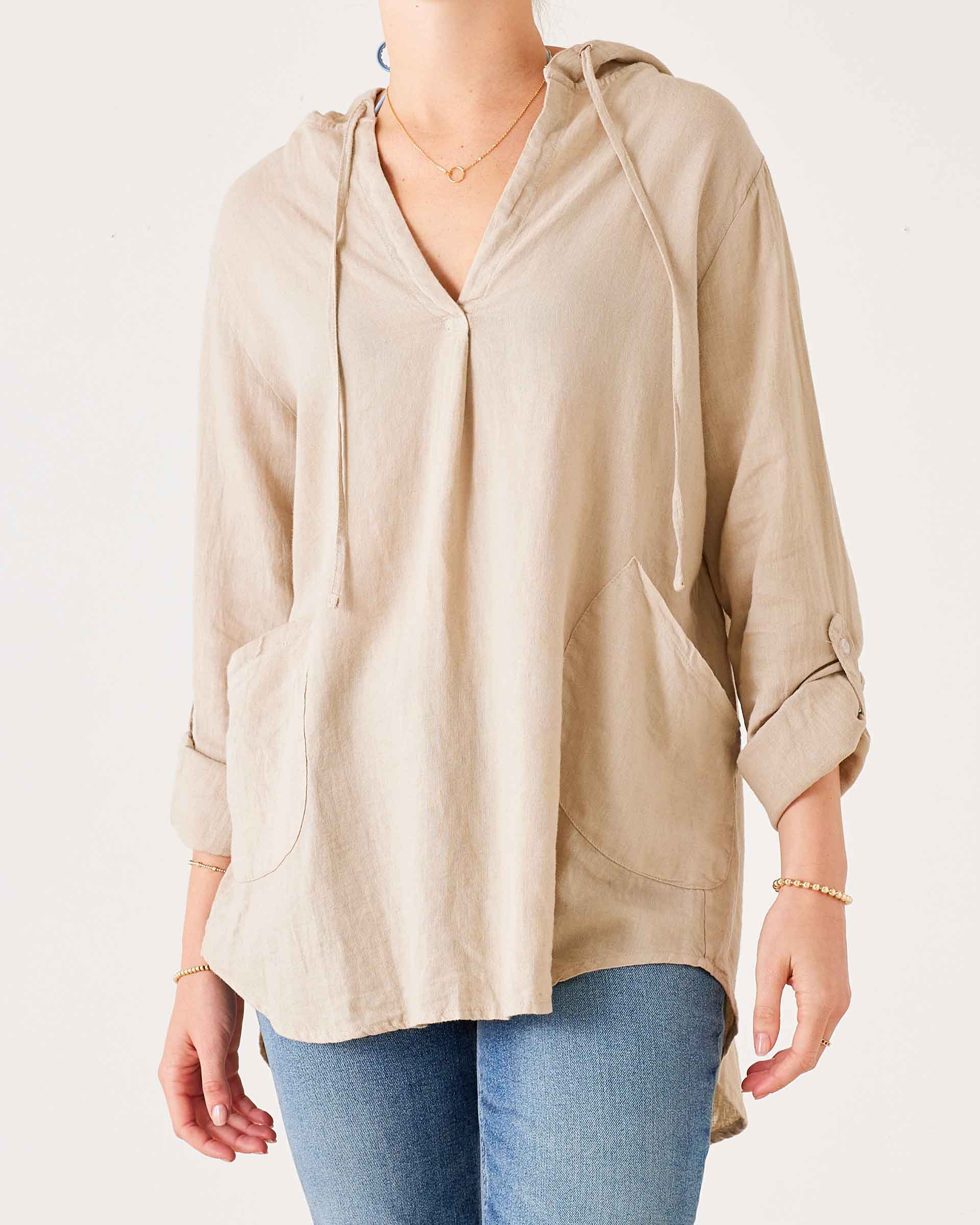 Women's Tan Linen Hoodie Tunic Coverup