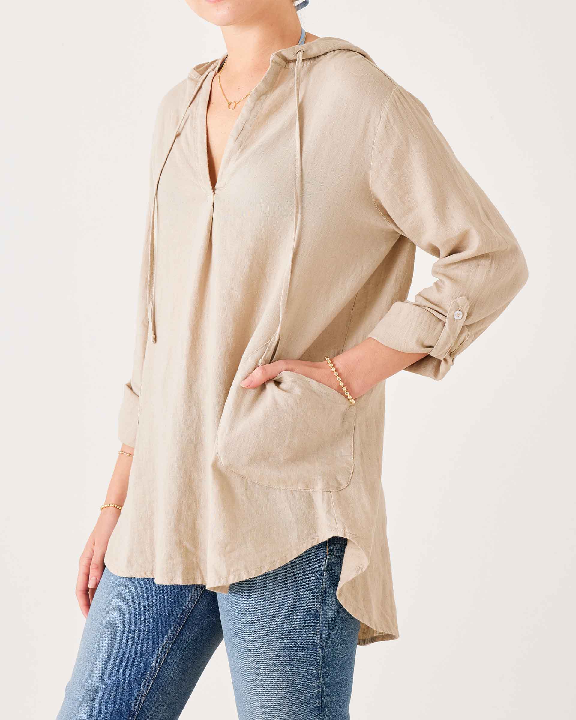 Women's Tan Linen Hoodie Tunic Coverup