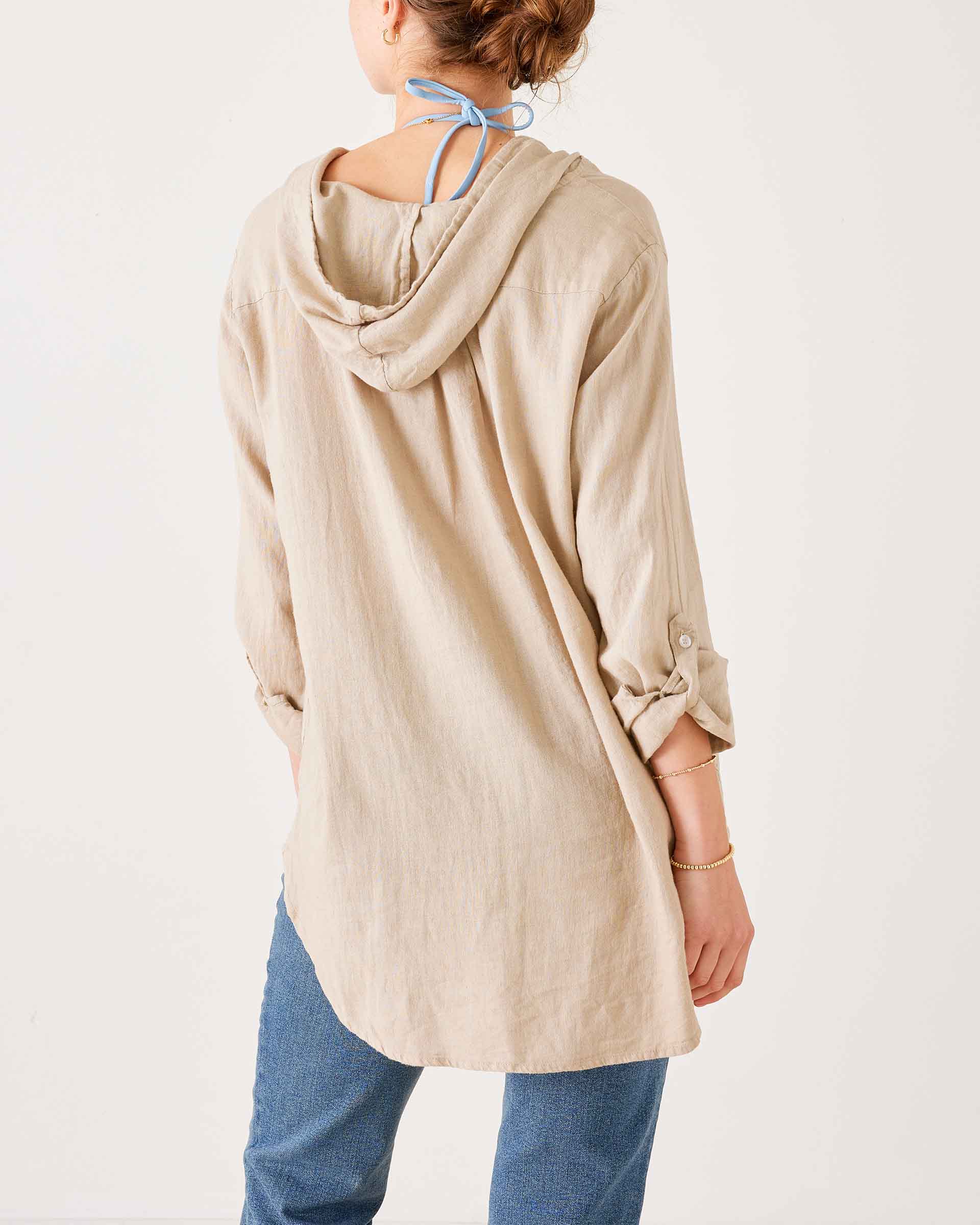 Women's Tan Linen Hoodie Tunic Coverup