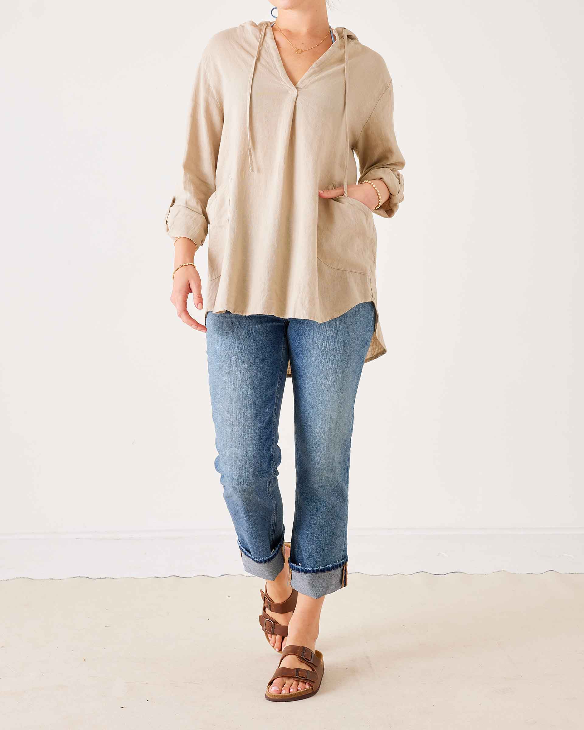 Women's Tan Linen Hoodie Tunic Coverup