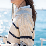 Cream and navy striped knit sweater with a sailor collar.