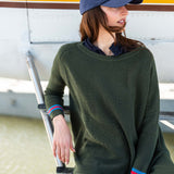 Person wearing a green sweater and cap, standing next to a small airplane.