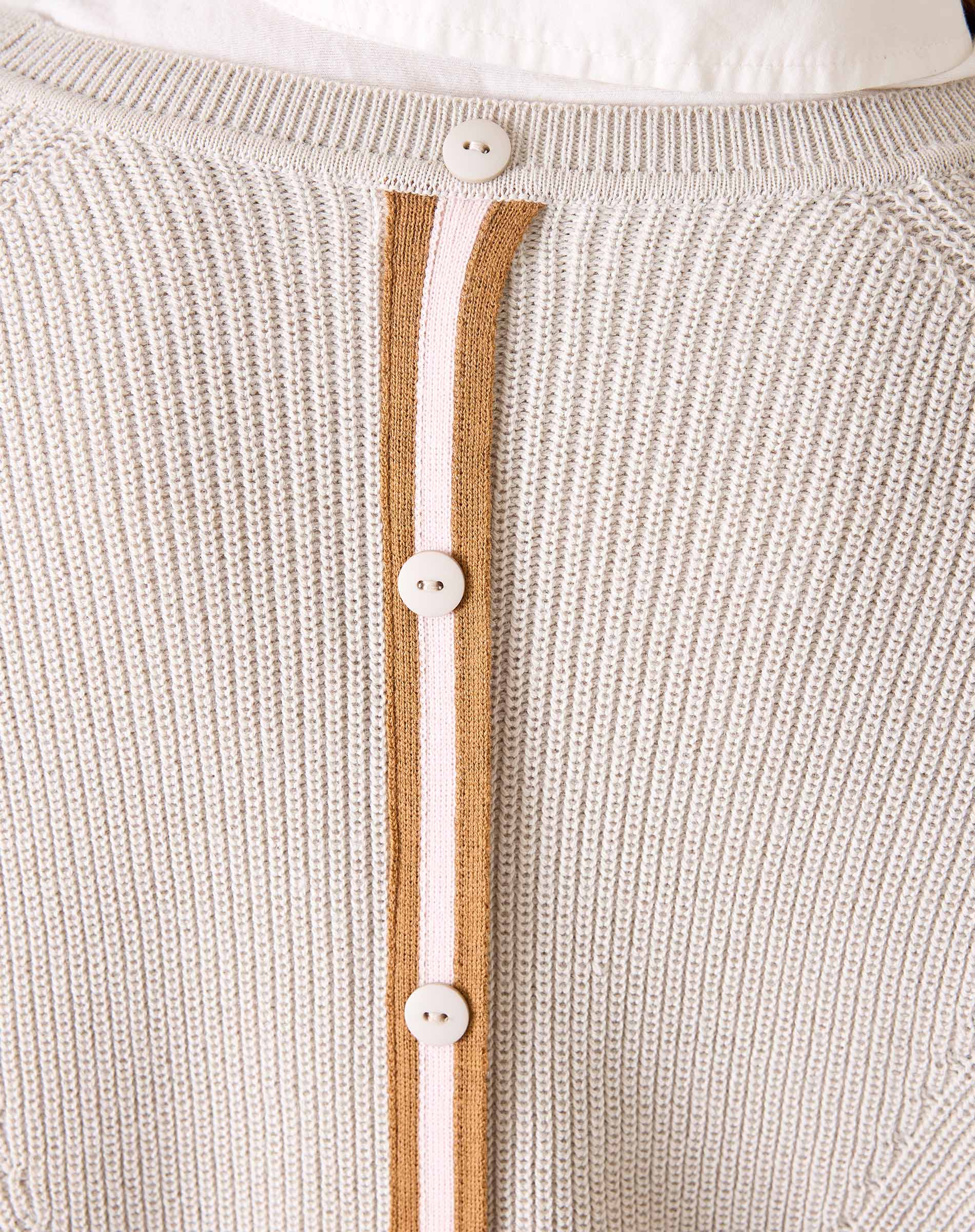 Close-up of a beige knit cardigan with button details