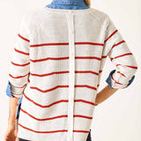 Person wearing a white cardigan with red stripes on a plain background