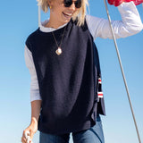 MERSEA women's travel-friendly navy blue knit vest with a ribbed texture and relaxed fit.