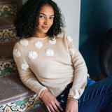 Beige and ivory camellia embroidered cashmere sweater