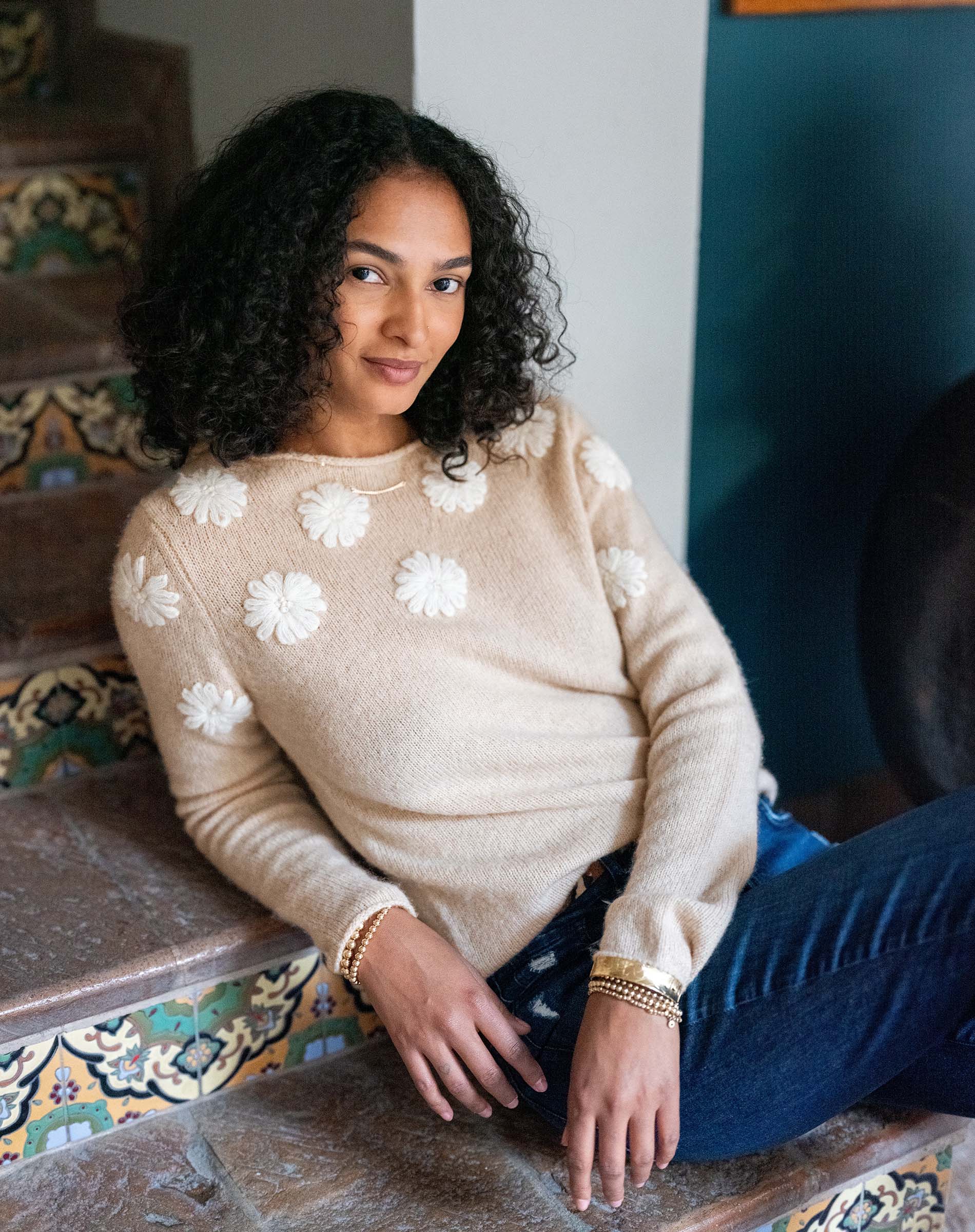 Beige and ivory camellia embroidered cashmere sweater