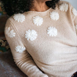 Beige and ivory camellia embroidered cashmere sweater