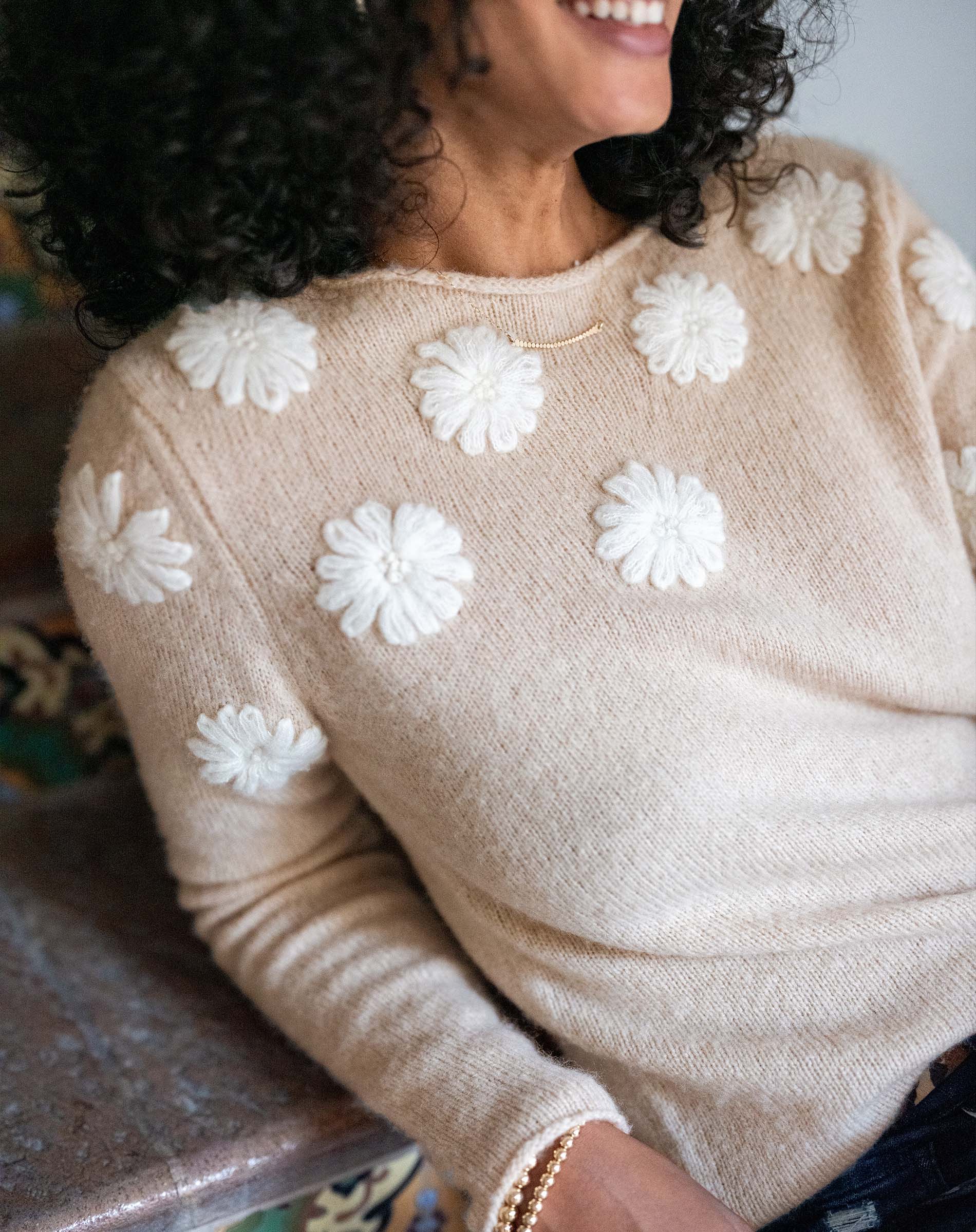 Beige and ivory camellia embroidered cashmere sweater