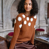 Cinder colored cashmere sweater with ivory camellia flower embroidery.