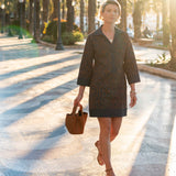 MERSEA women's travel-friendly rinse chambray dress with an allover geometric pattern and elbow-length sleeves.