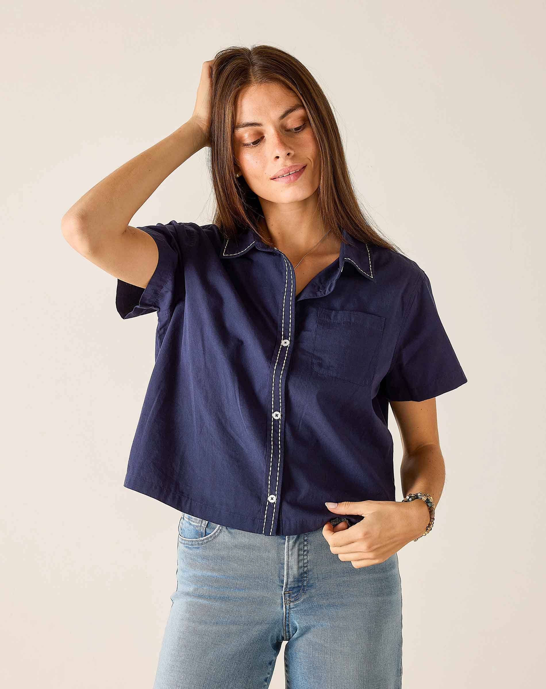 Navy and cream buttoned camp shirt in lightweight linen fabric with contrast stitching.