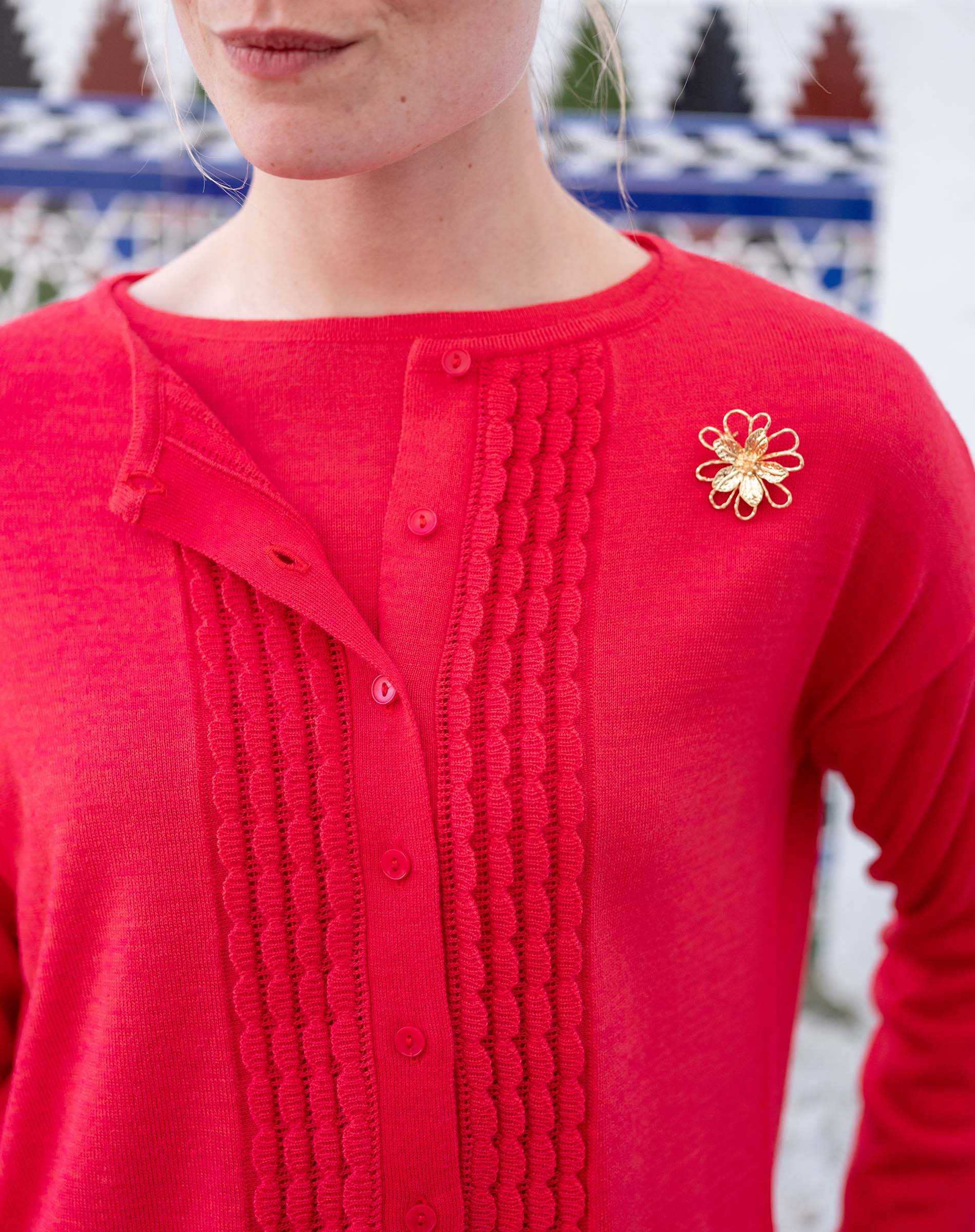 Chili red ruffle detail knit cardigan