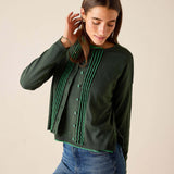 Pine green knit cardigan with vertical ruffle details and button front.