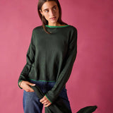 Pine green knit sweater with a crew neck and contrasting trim detail.